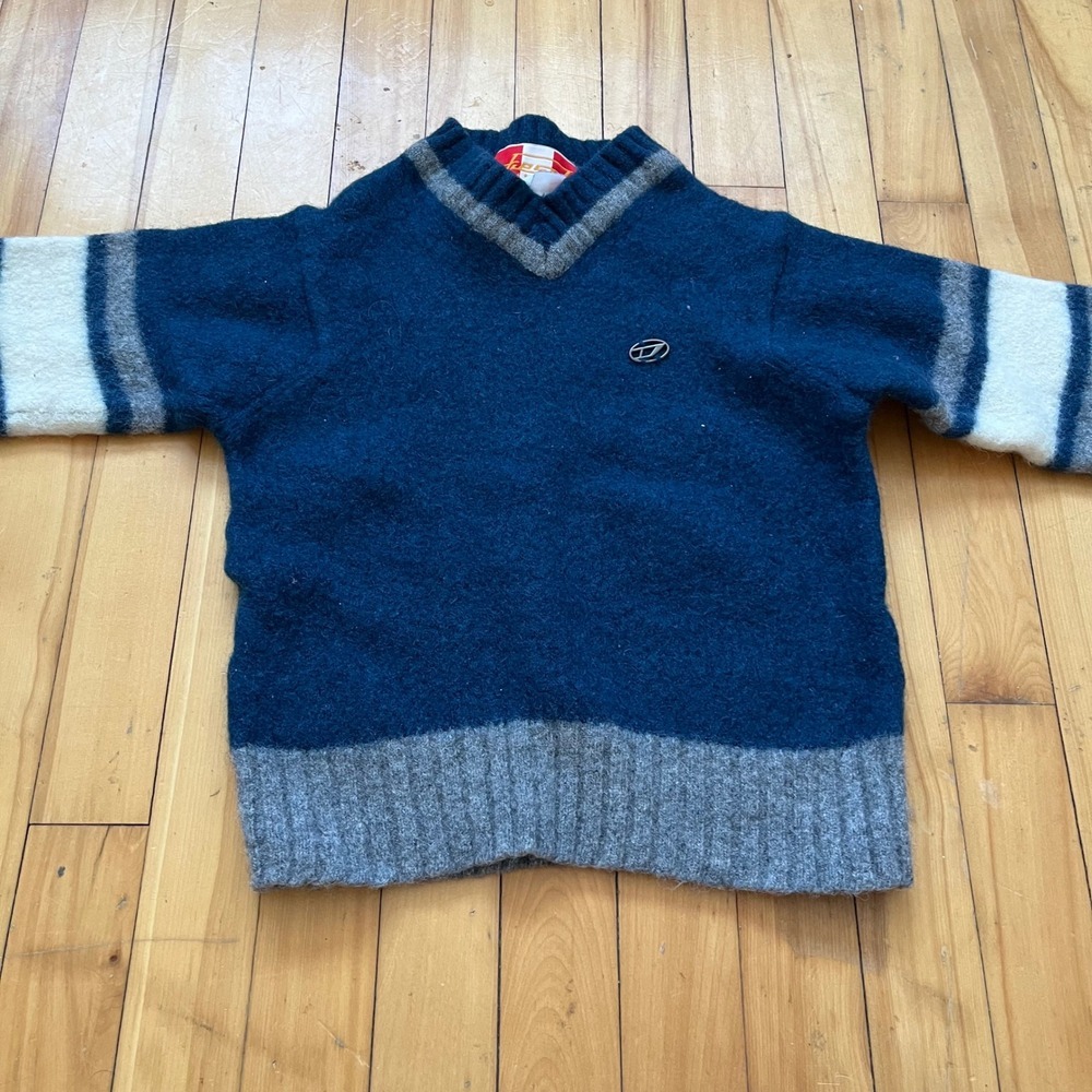 Diesel Knitwear V Neck Sweater Blue Grey Stripe Boys Size L. Felted. Shrunk - Picture 2 of 11